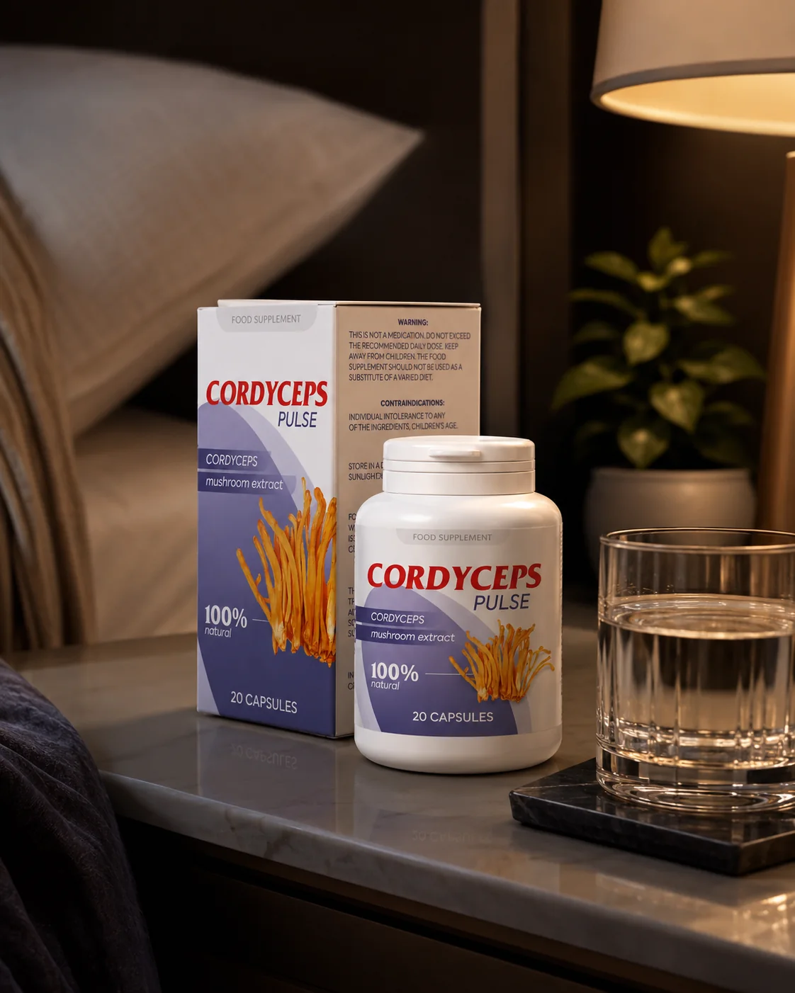 Cordyceps Pulse présenté dans un intérieur calme — présentation structurée