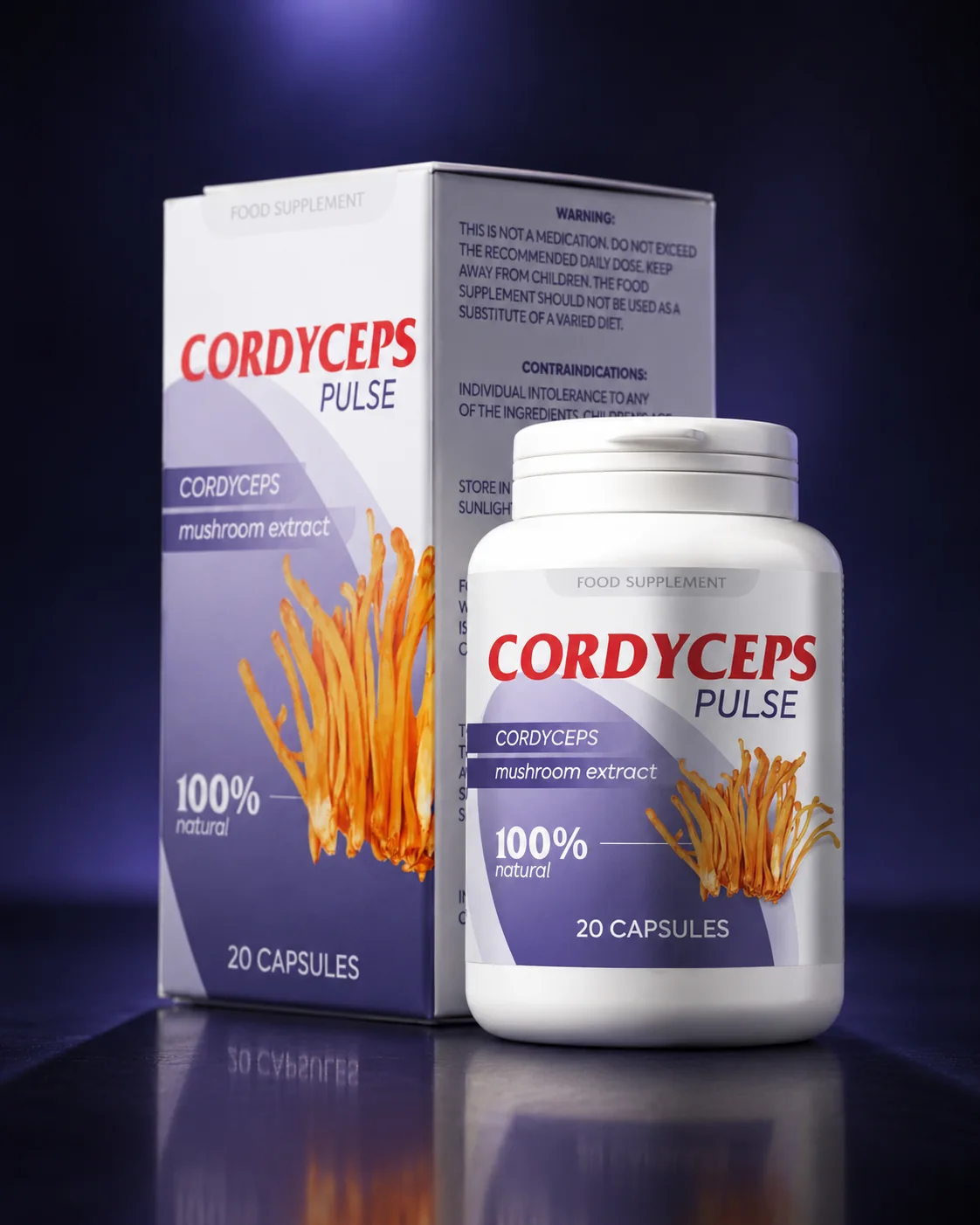 Cordyceps Pulse photographié sur un fond sombre et élégant — présentation structurée